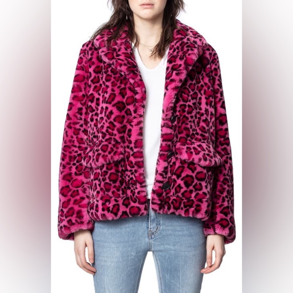 Zadig & Voltaire Lila Pink Leopard Faux Fur Coat